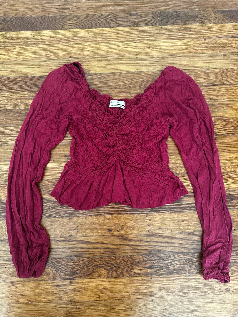 Urban Outfitters Burgundy Smocked Peplum Long Sleeve Top